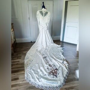 Vintage 80s/90s Wedding Gown Beaded Lace Satin Dress Removable Cathedral Train